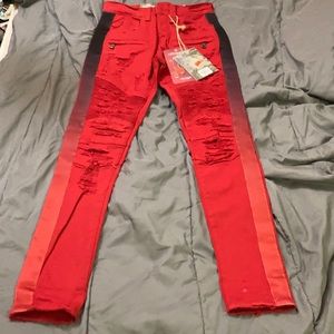 Red slim fitting jeans